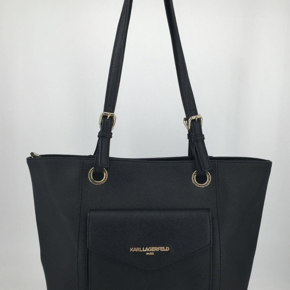 Karl Lagerfeld Black Saffiano Leather Veronique Top Zip Shoulder Purse